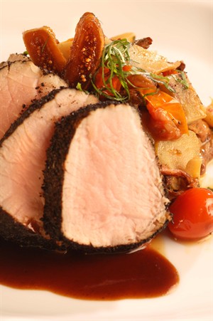 Espresso-Crusted Veal Loin with Chanterelle & Artichoke Ragu and California Fig Demi