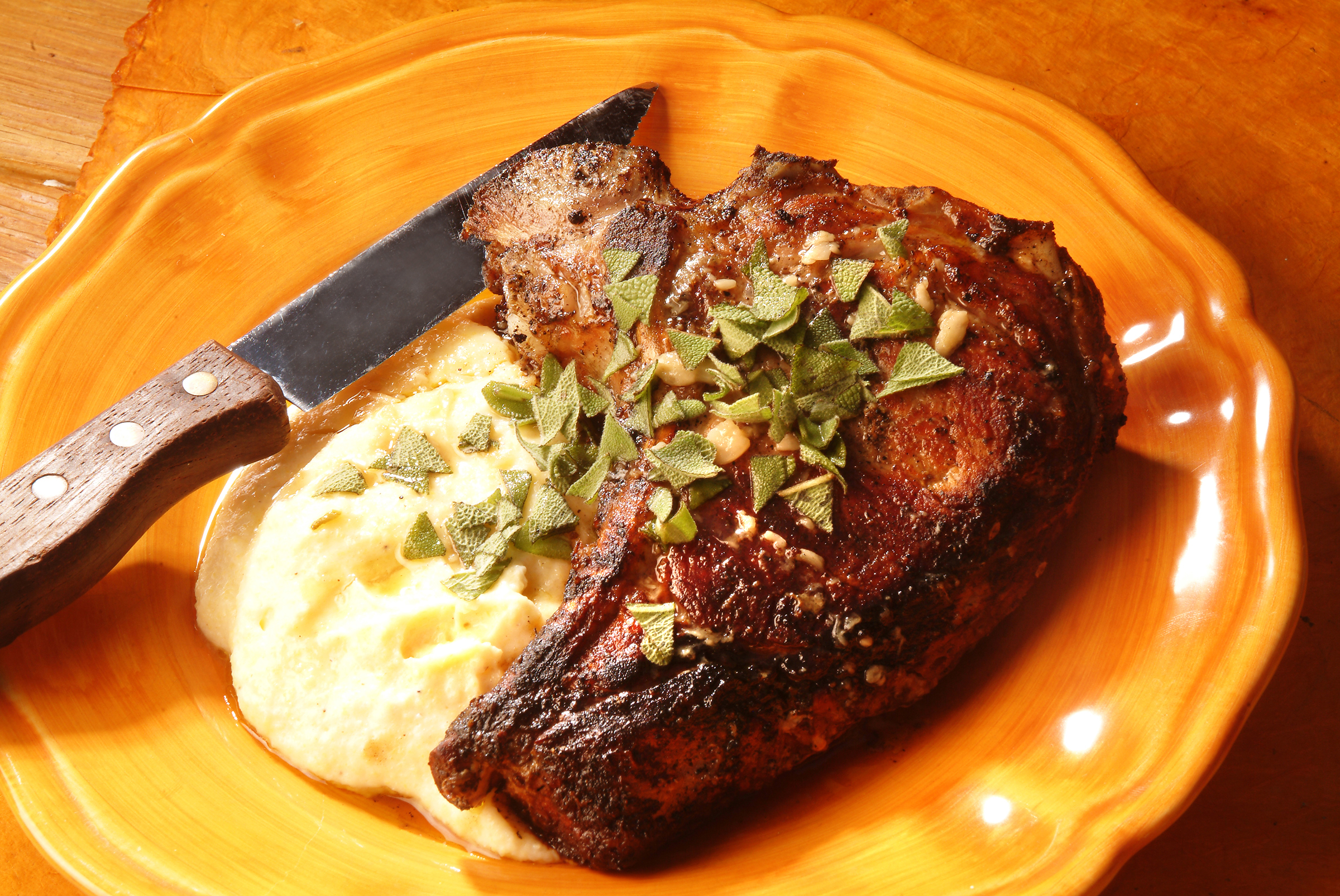Grilled Veal Chops with Sage Jus and Gorgonzola Polenta