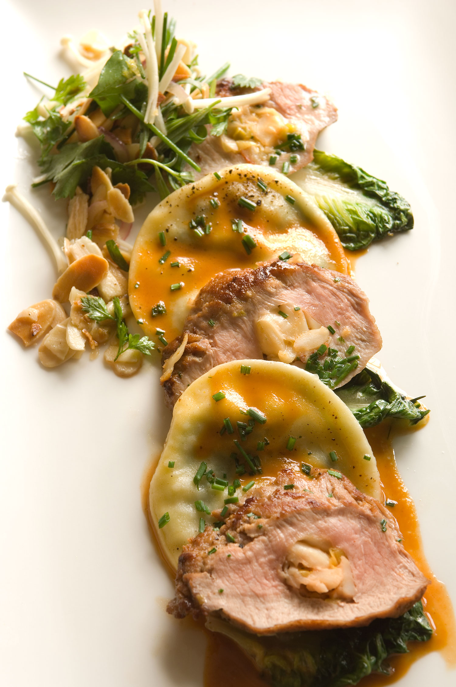 Lobster-Stuffed Veal Tenderloin with Goat Cheese and Quail Egg Ravioli