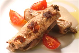 Mushroom Stuffed Veal Rolls with White Beans & Tomatoes