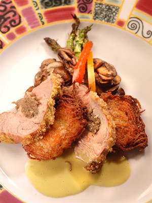 Roasted Veal Loin with Crispy Garlic-Mustard Crust and Potato Pancakes with Avocado Sauce background image
