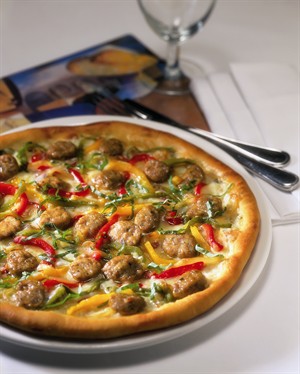 Summer Veal Sausage Pizza with Roasted Bell Peppers & Caramelized Onions