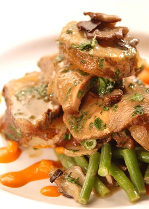 Veal Paillards with Potato Green Bean Salad and Roasted Red Pepper Sauce