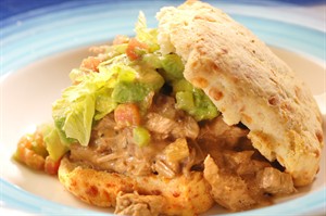 Veal Shoulder Stew on Buttermilk Biscuits with Avocado Salsa background image