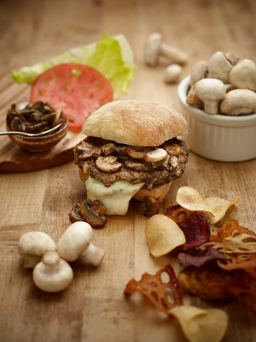 Veal mushroom cheese burger