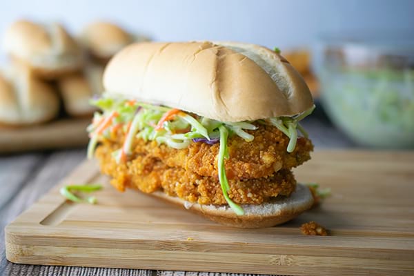 Crispy veal cutlets breaded and tossed in hot sauce, served on a hoagie roll with a broccoli slaw and blue cheese dressing.