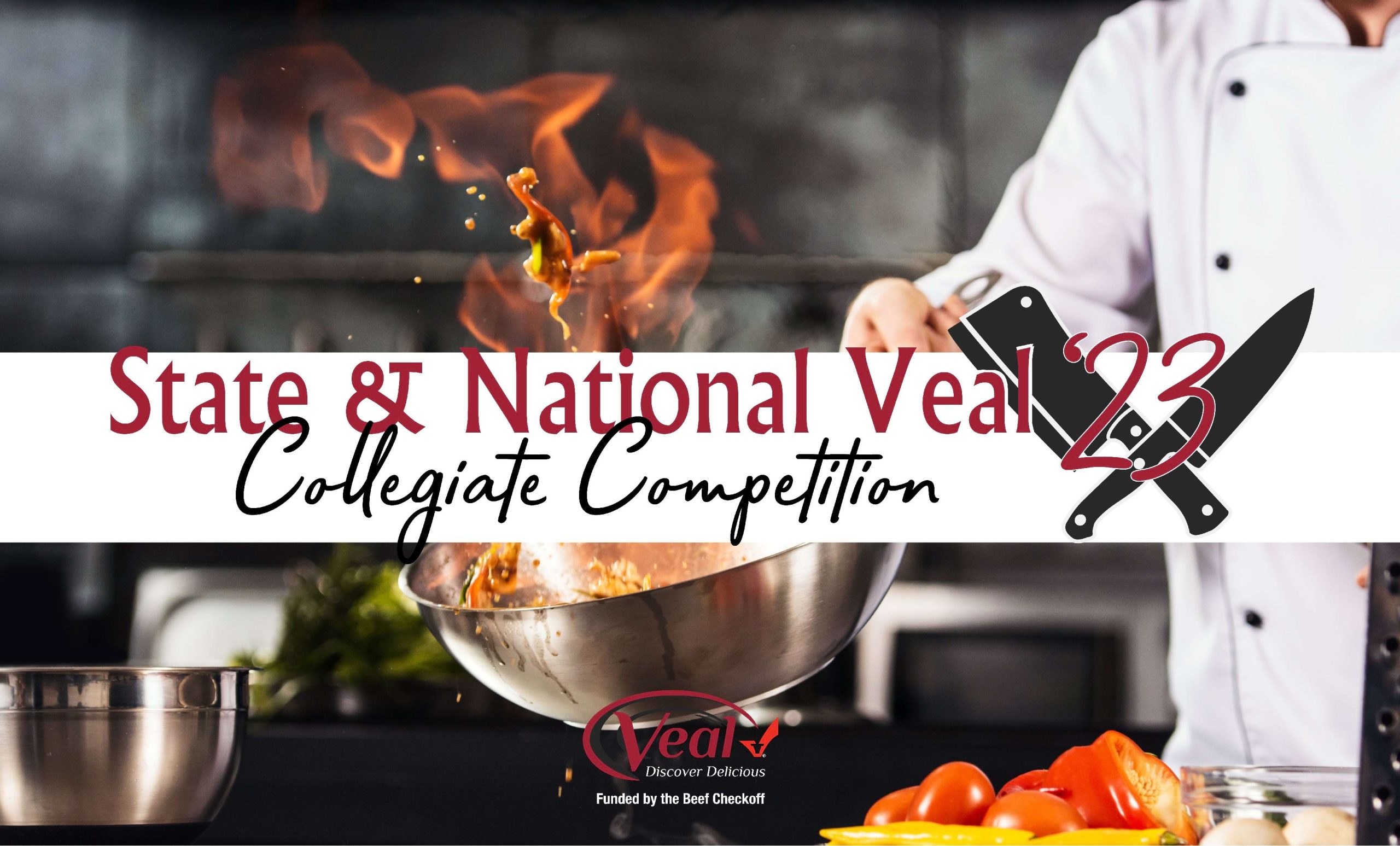 Chef cooking in the kitchen with fire, State and National Collegiate Competition logo over image '23